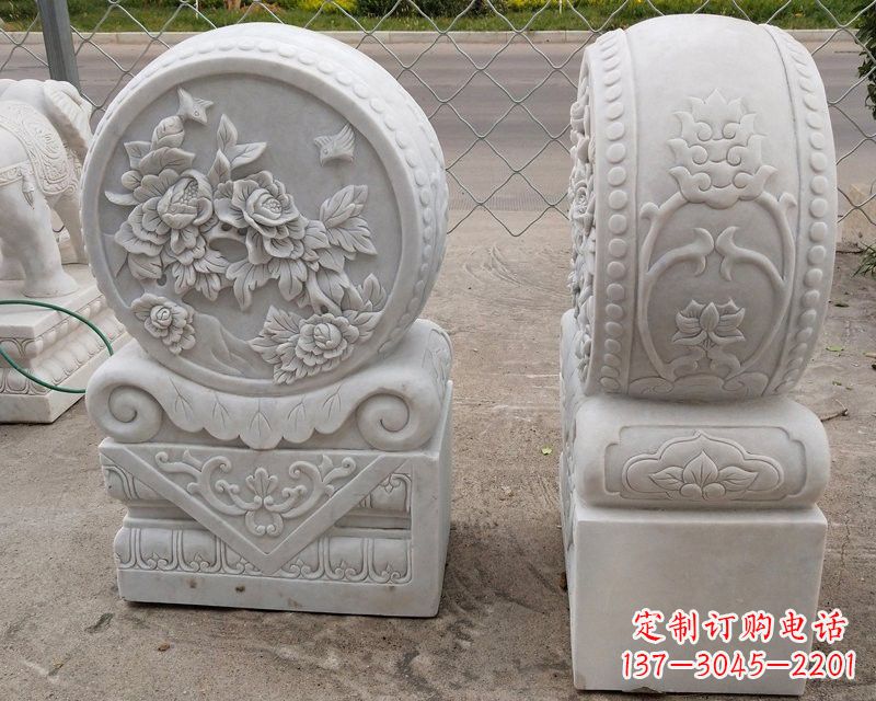 广西汉白玉牡丹花门墩雕塑
