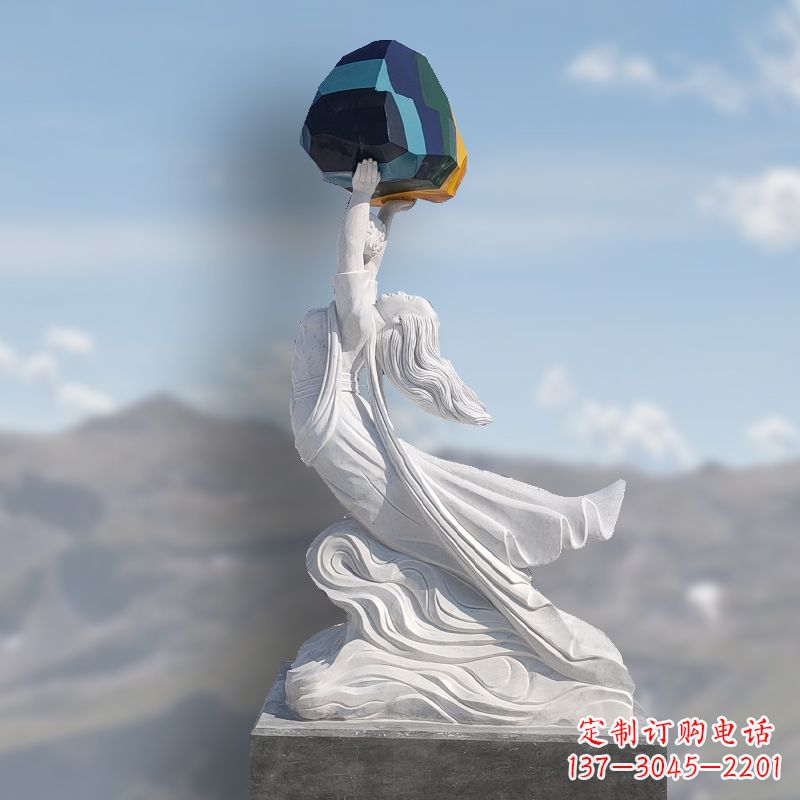 广西汉白玉女娲补天石雕雕塑摆件