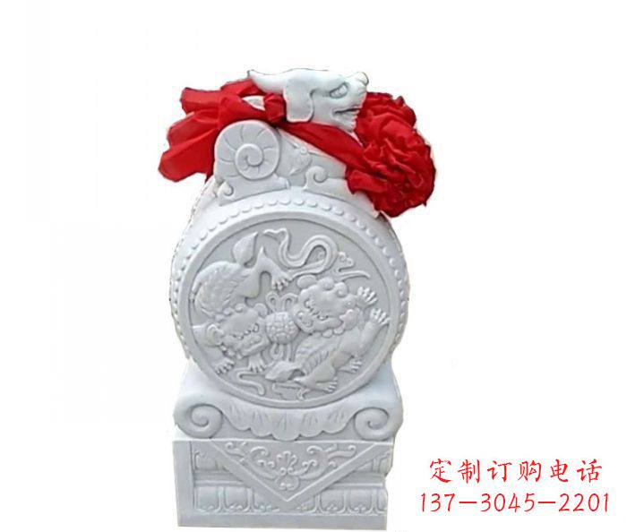 广西汉白玉貔貅抱鼓石招财石门墩