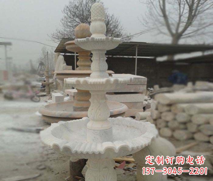 广西汉白玉三层别墅小型喷泉石雕