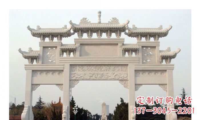 广西汉白玉三门牌坊石雕艺术品