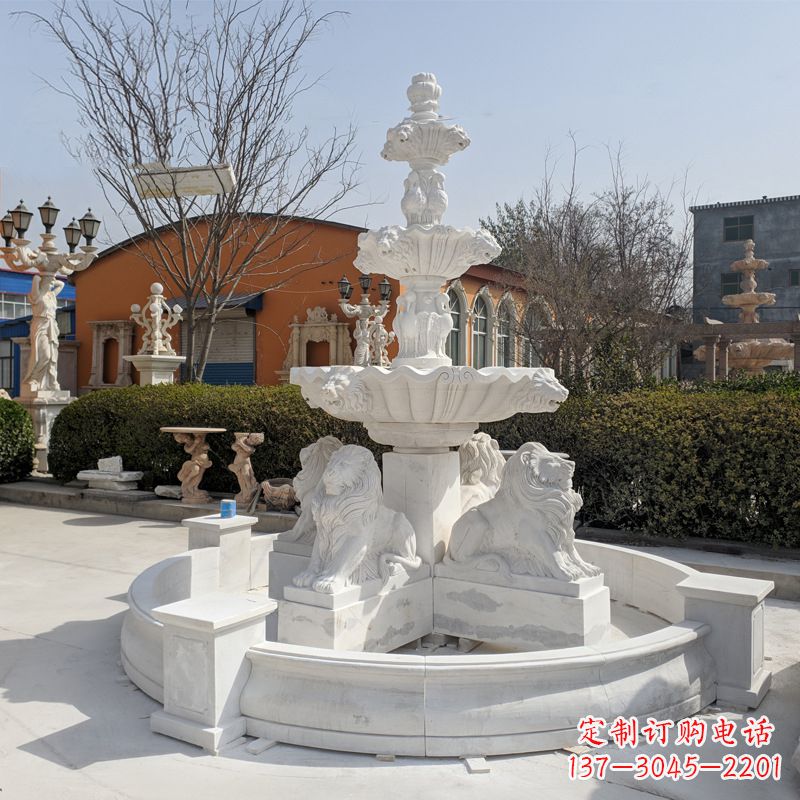 广西定制白玉狮子喷泉雕塑