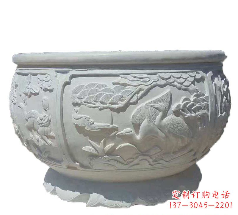 广西汉白玉松鹤延年浮雕水缸