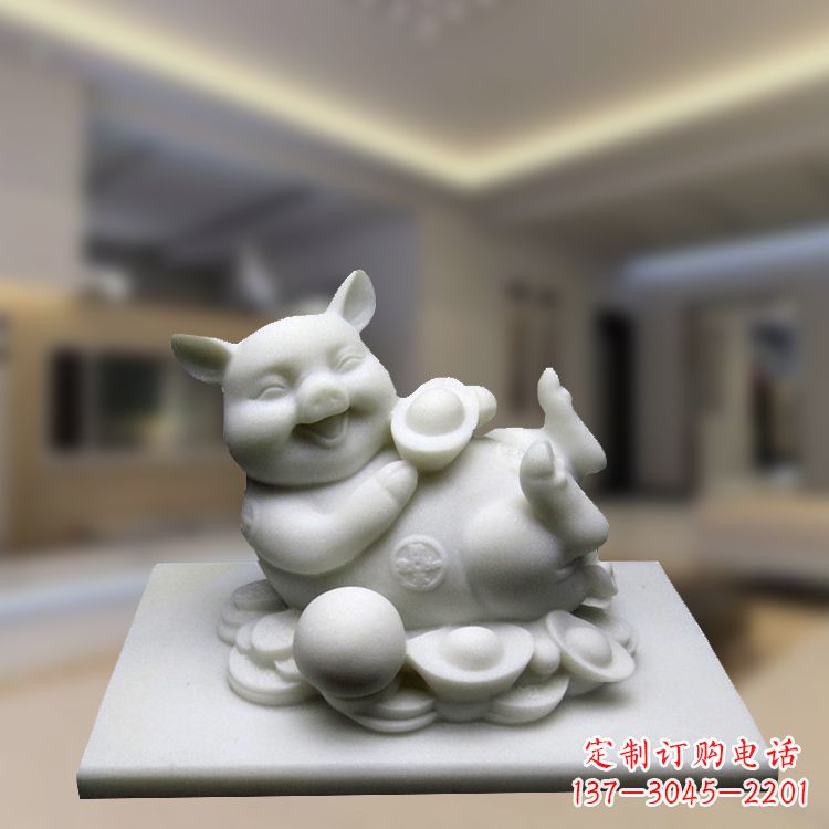 广西汉白玉动物雕塑,招财猪石雕精美装饰