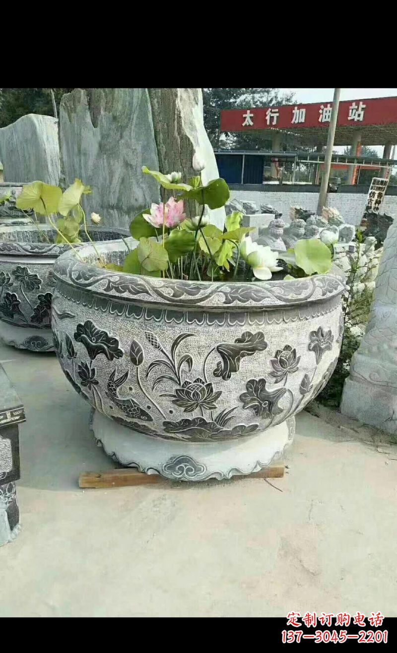 广西精美荷花鲤鱼石浮雕水缸