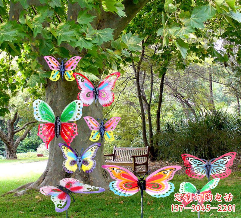 广西户外园林铁艺蝴蝶插挂件,小区花园仿真昆虫雕塑摆件