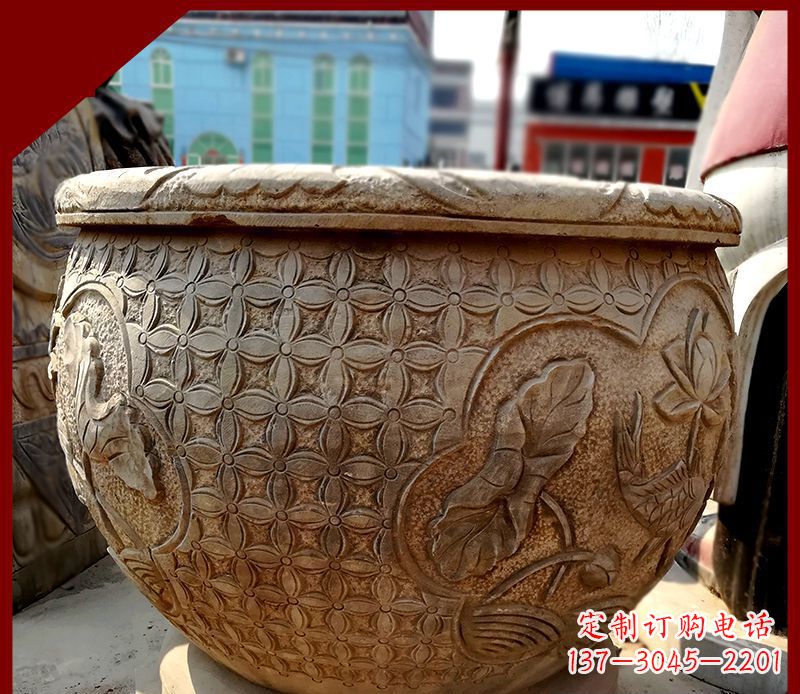 广西鲤鱼荷花浮雕仿古石水缸