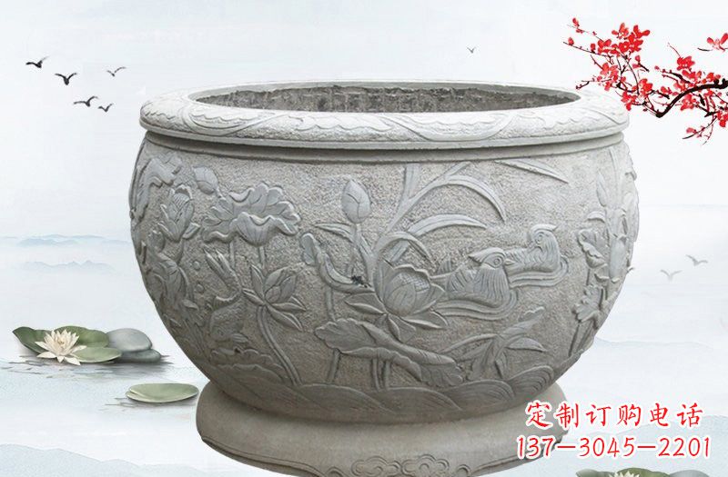 广西连年有余浮雕水缸石雕