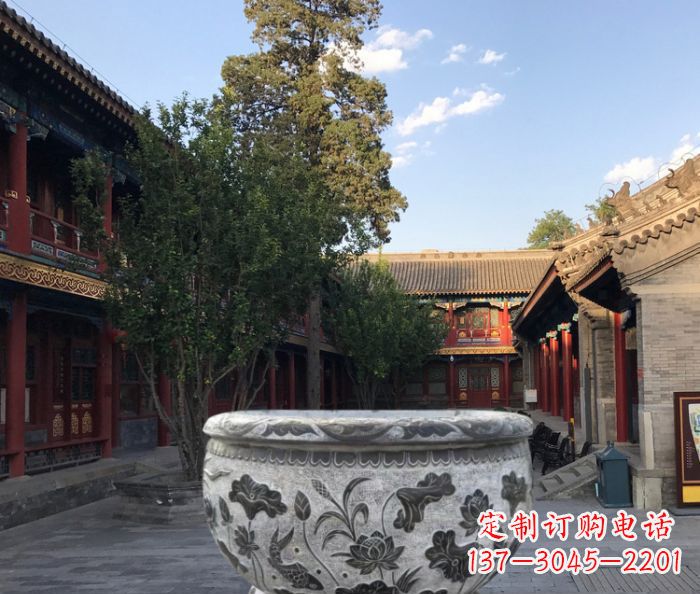 广西连年有鱼石浮雕圆形荷花水缸