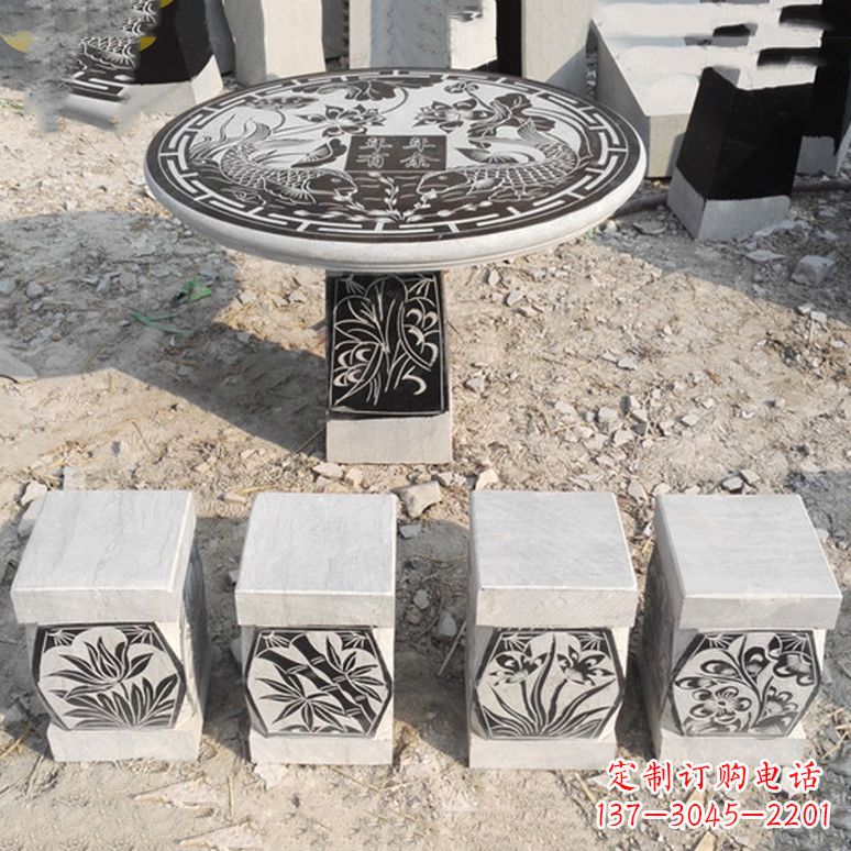 广西梅兰竹菊仿古方石桌凳雕塑,古朴典雅
