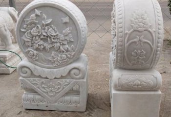 广西汉白玉牡丹花门墩雕塑