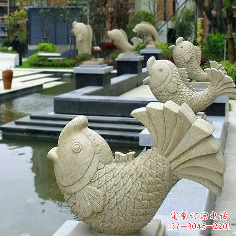 广西喷水鱼砂岩石雕-园林水池雕塑