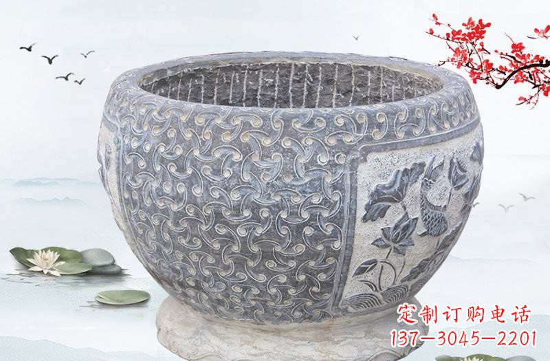 广西青石仿古鲤鱼浮雕水缸,精致雕塑设计