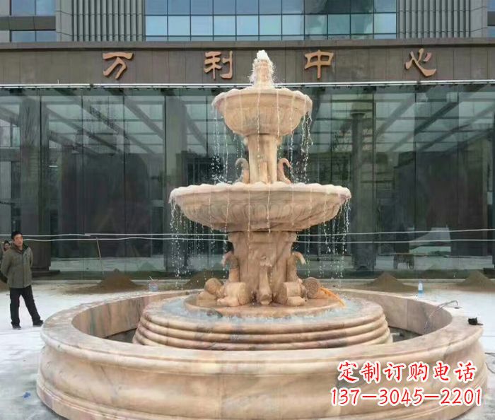 广西晚霞红三层欧式喷泉石雕—来自中领雕塑的艺术匠心品质