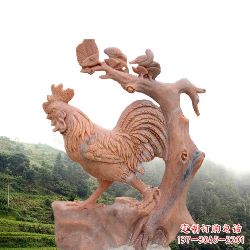 广西中领雕塑:酉鸡晚霞红石动物雕塑