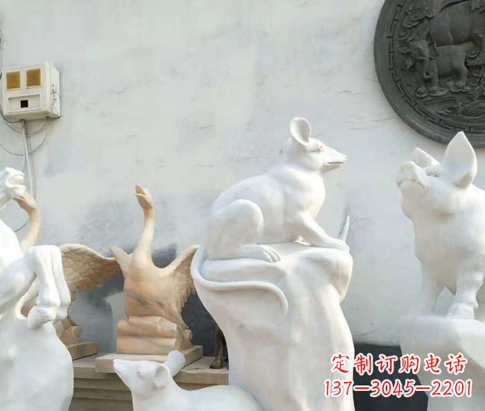 广西生肖动物汉白玉老鼠石雕