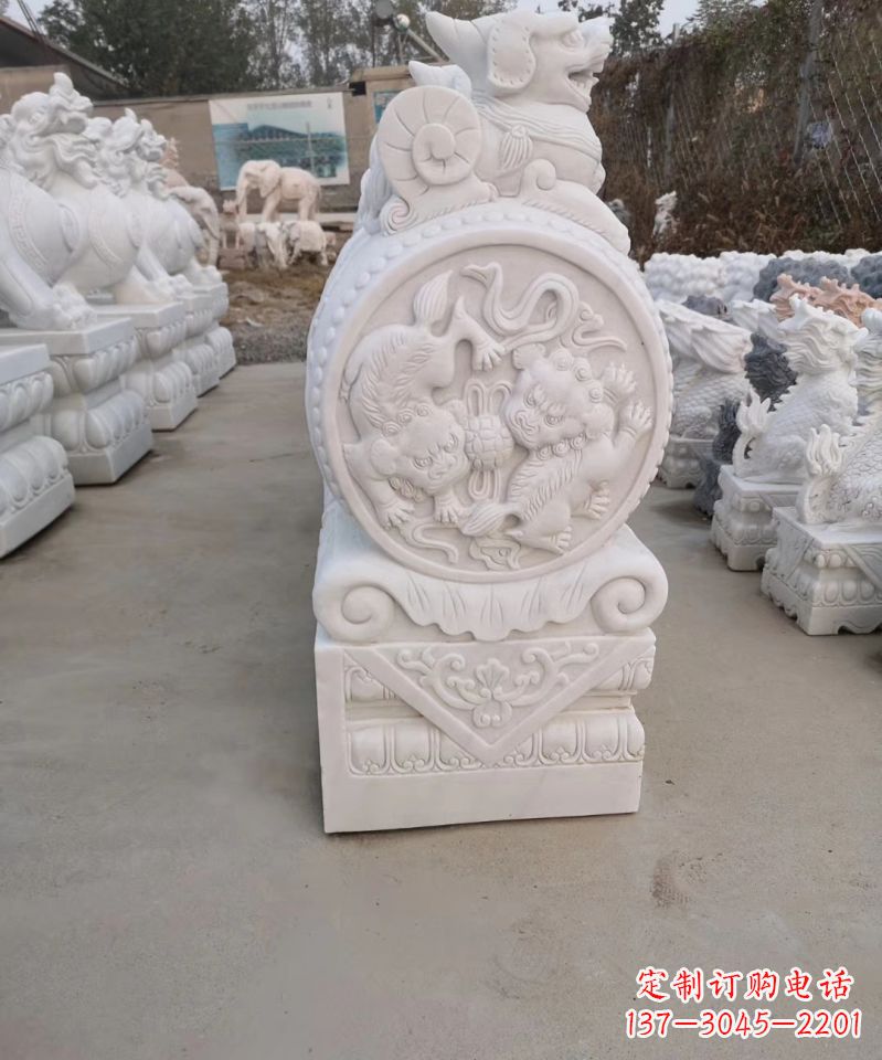 广西石雕貔貅报古石门墩雕塑