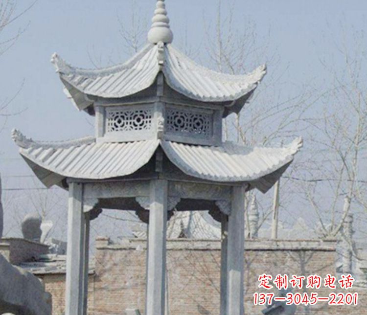 广西双层仿古六角凉亭石雕