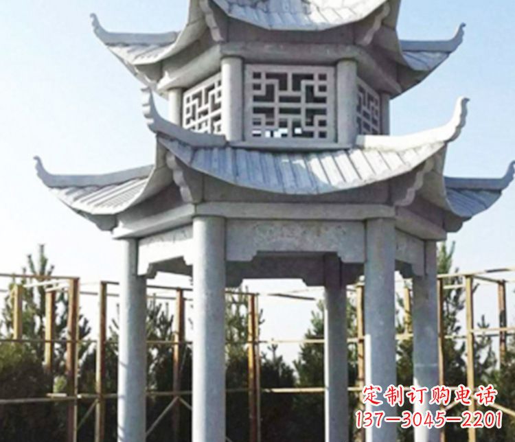 广西双层仿古石凉亭石雕_2