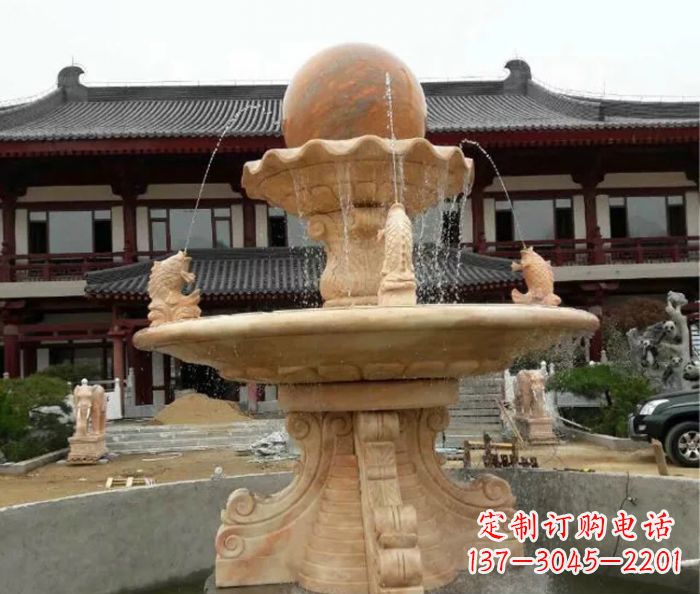 广西双层风水球喷泉晚霞红石雕