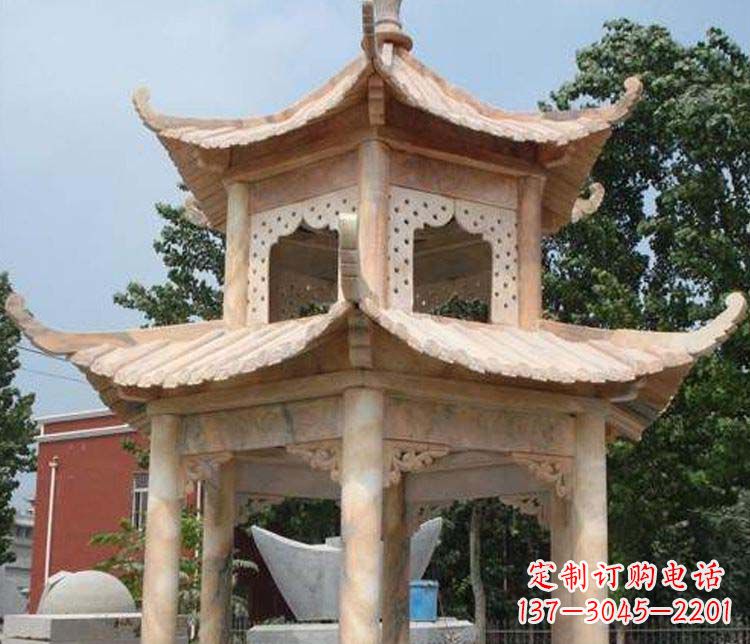 广西双层晚霞红凉亭石雕