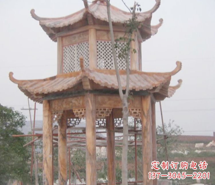 广西双层晚霞红石凉亭石雕 (2)