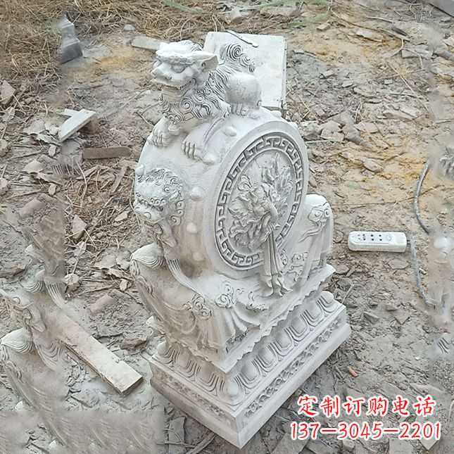 广西双龙石雕门墩汉白玉狮子头