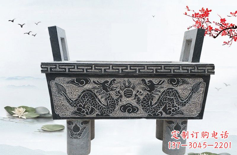 广西双龙戏珠浮雕石香炉