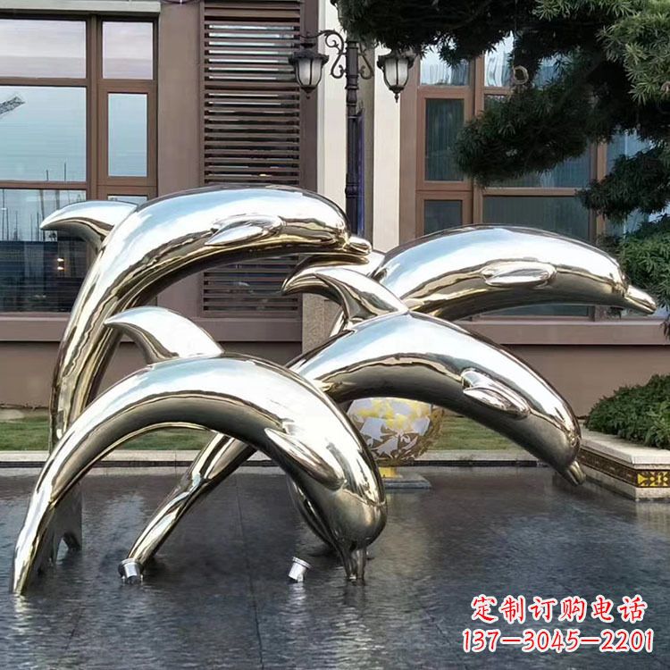 广西水景不锈钢海豚雕塑-城市广场创意动物雕塑