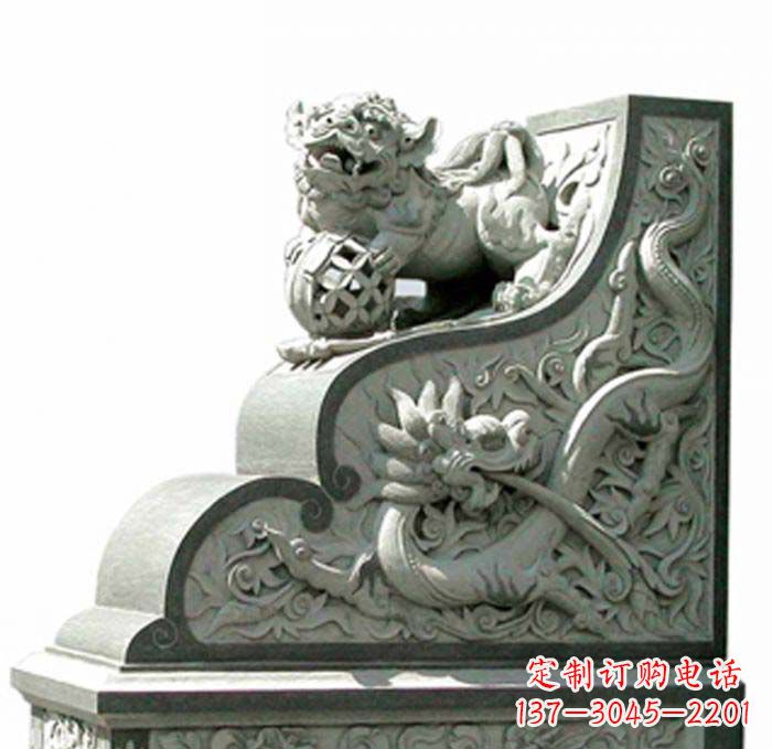 广西寺庙景观玩绣球狮子石雕门墩