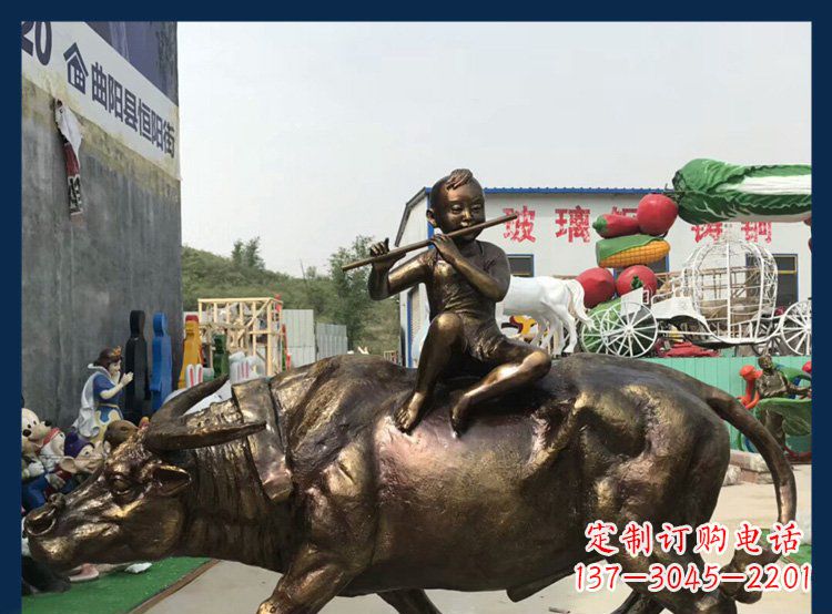 广西田园铜雕木头骑黄牛动物雕塑