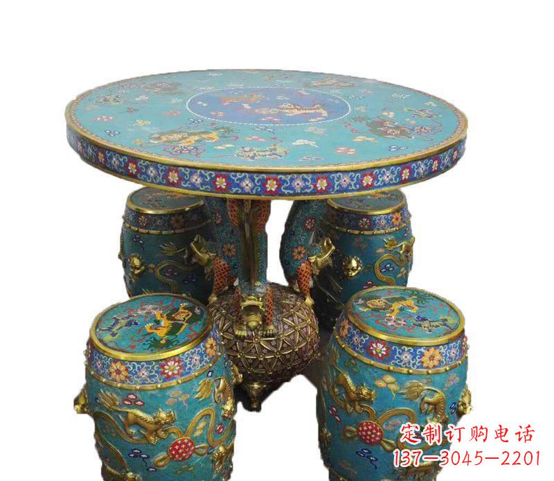 广西铜雕彩绘小象圆桌景观摆件