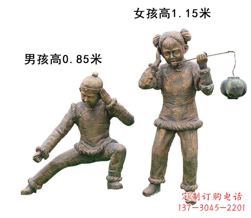 广西铜雕放鞭炮的儿童童趣雕塑