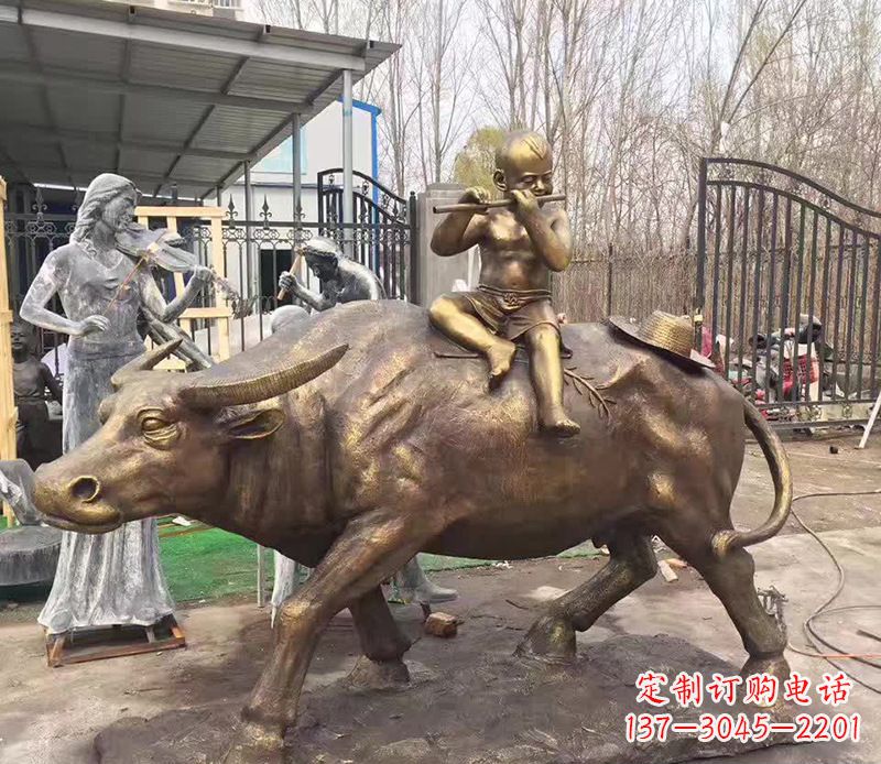 广西铜雕户外牧童骑牛
