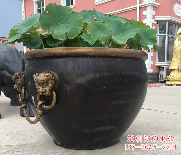 广西铜雕圆形荷花水缸雕塑 (3)