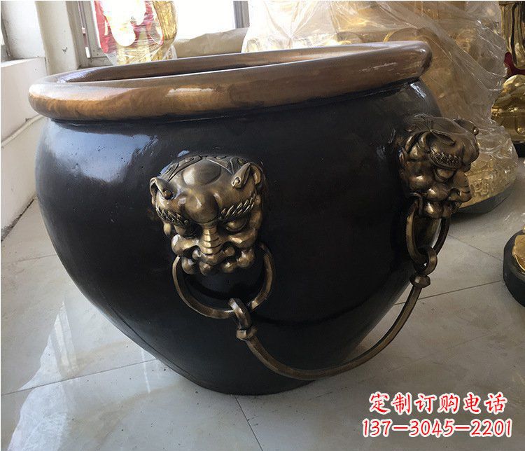 广西铜雕圆形荷花水缸雕塑 (5)
