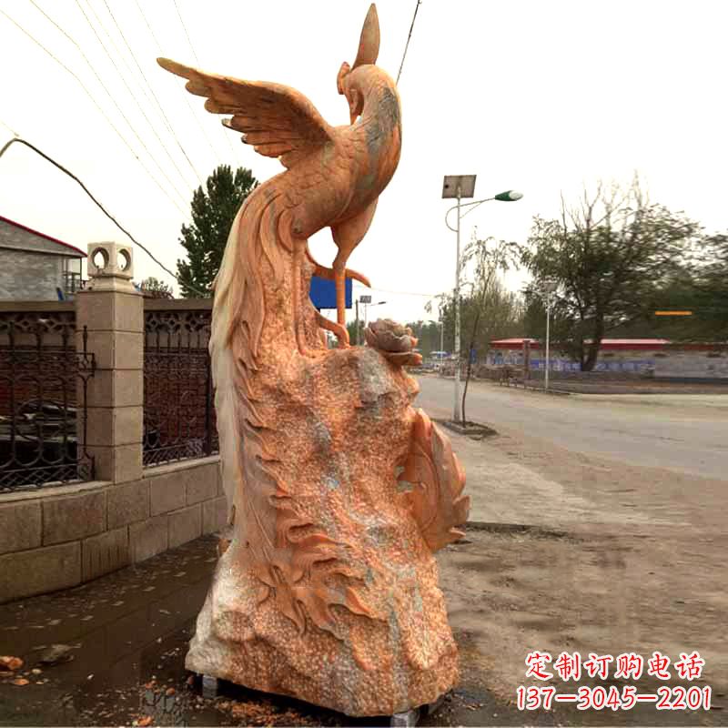 广西晚霞红大理石瑞鸟凤凰雕塑