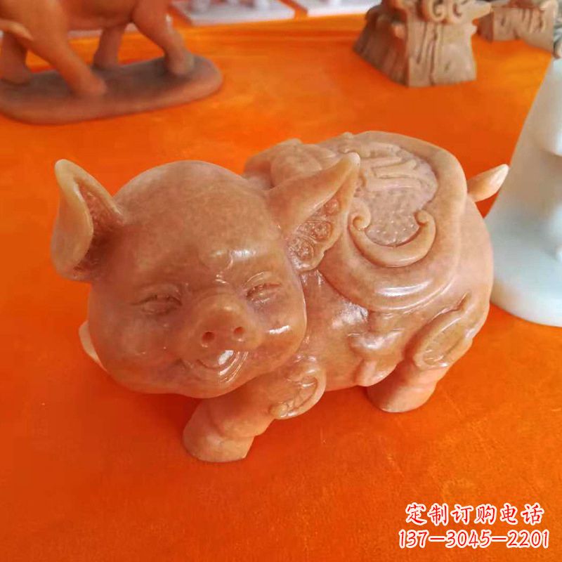 广西晚霞红大理石招财猪雕塑-企业商场创意生肖动物风水摆件