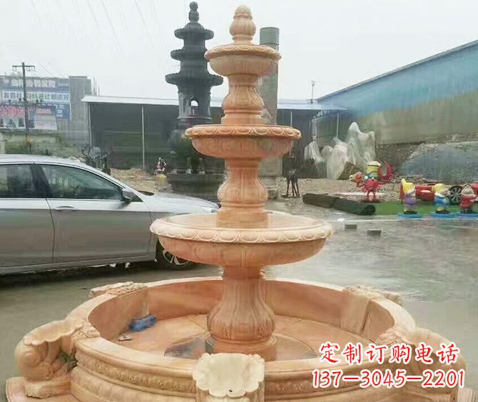 广西晚霞红多层大型石雕喷泉 (3)