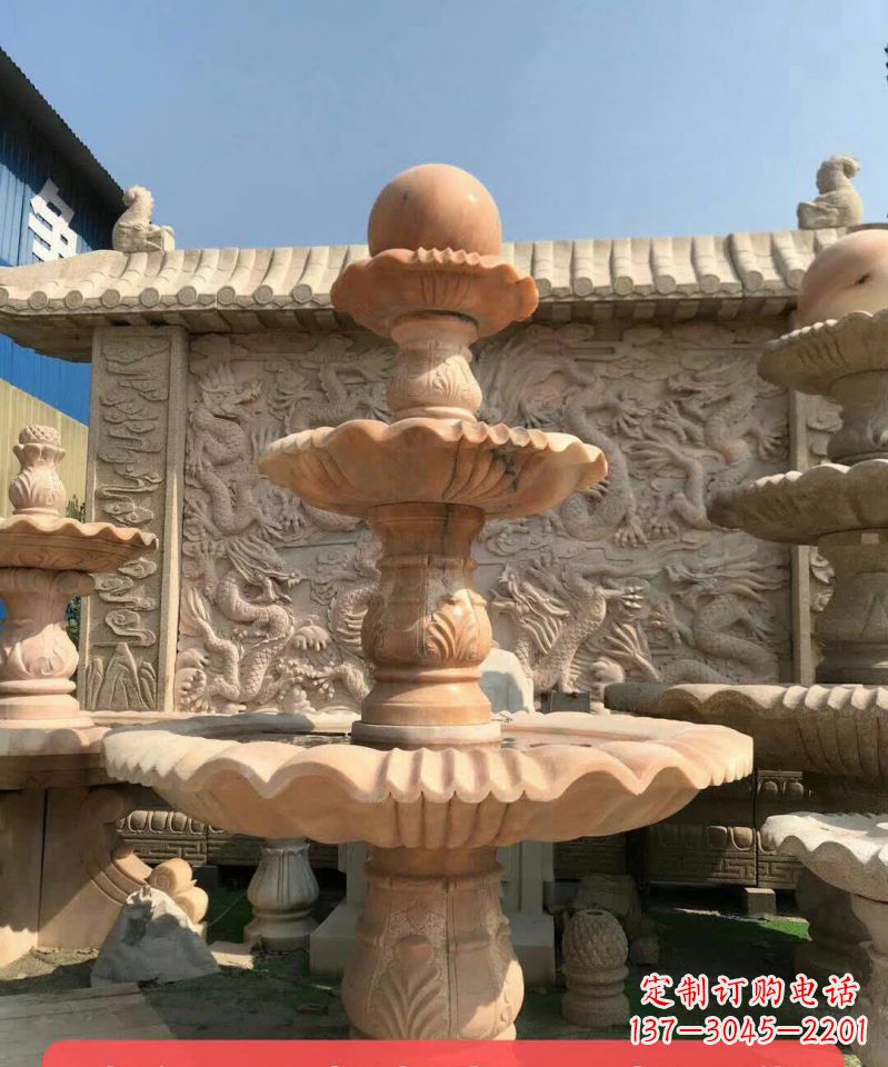 广西晚霞红风水球石雕喷泉