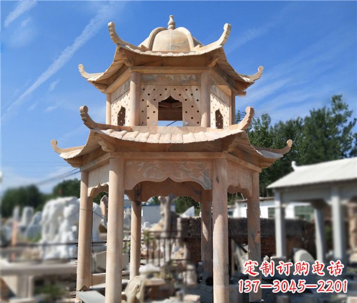 广西晚霞红公园双层六角凉亭石雕