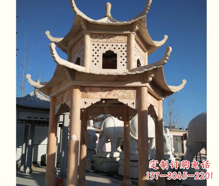 广西晚霞红公园双层六角凉亭石雕 (2)