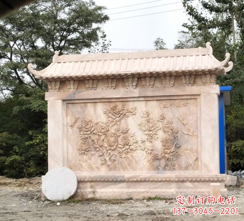 广西晚霞红花开盛世浮雕影壁