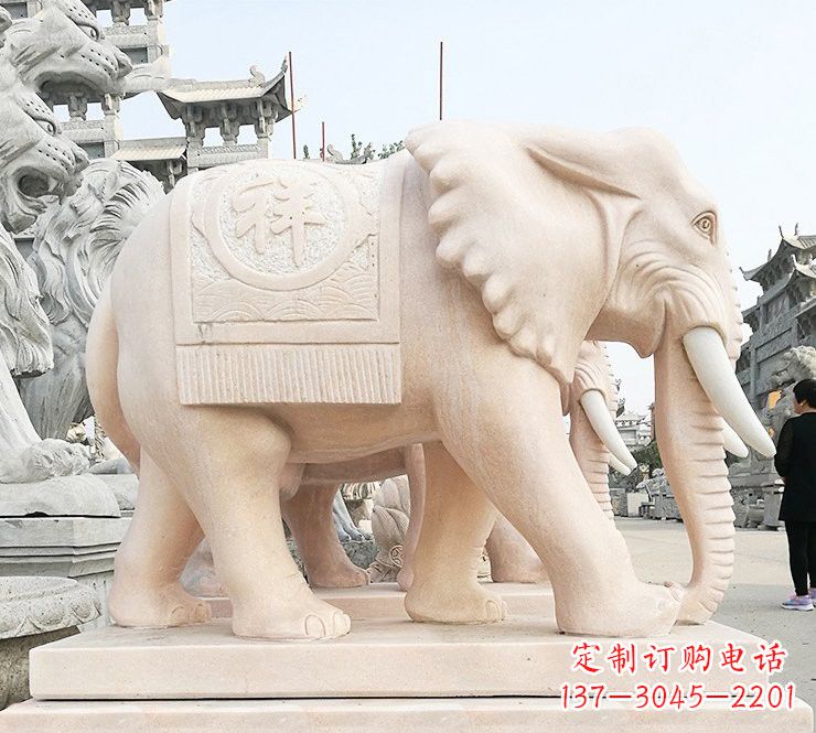 广西晚霞红吉祥如意大象石雕