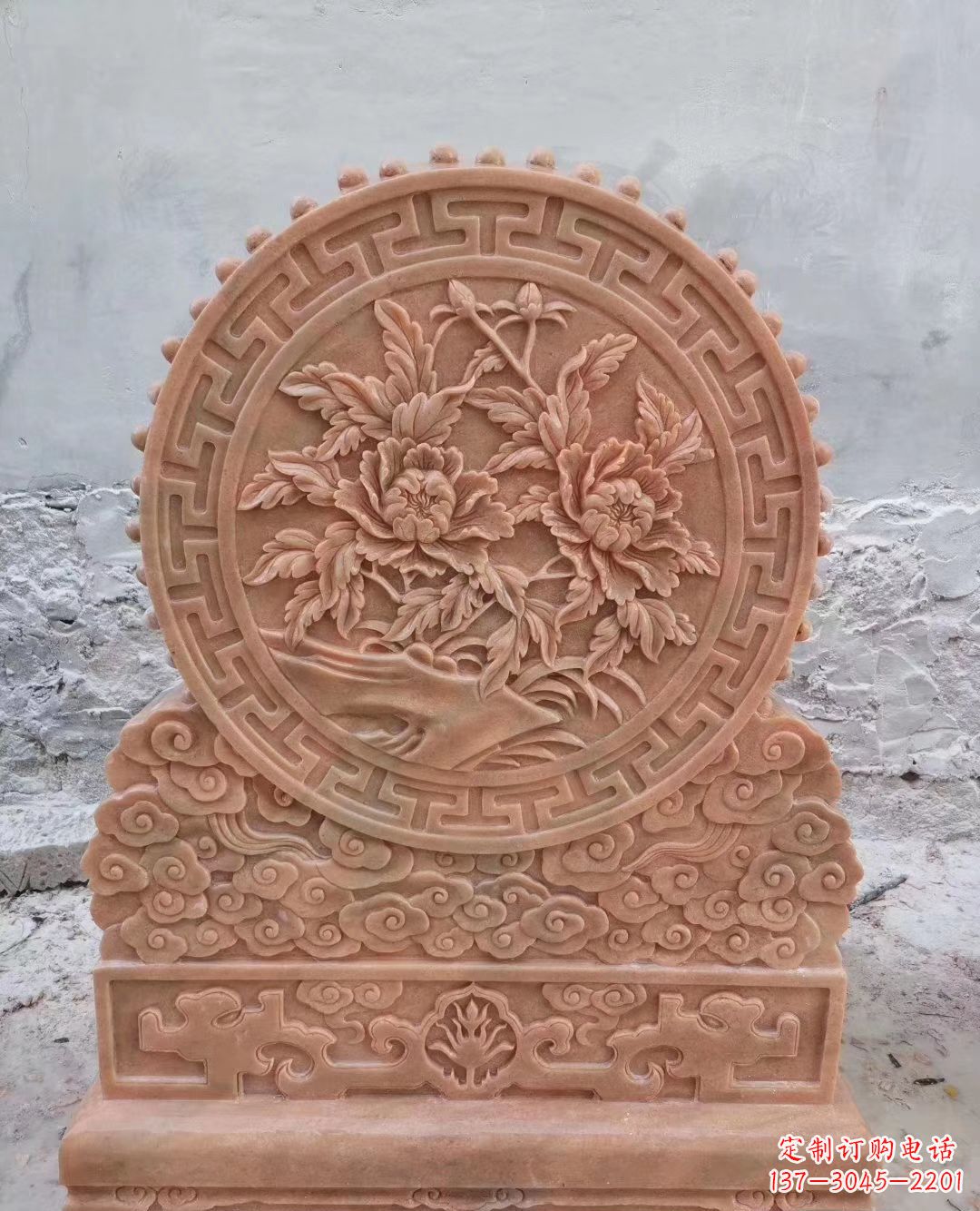 广西晚霞红牡丹花浮雕石门墩