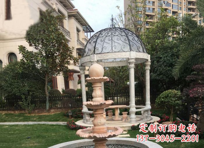 广西晚霞红三层风水球喷泉小区石雕