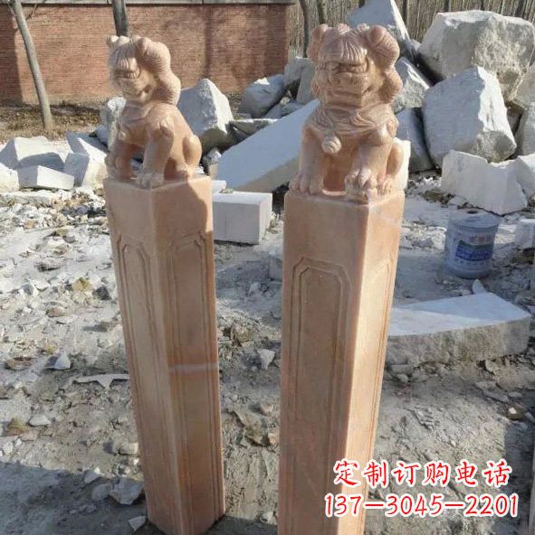 广西晚霞红狮子拴马桩
