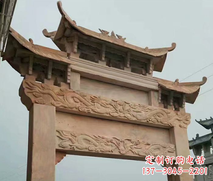 广西晚霞红石雕单门牌坊