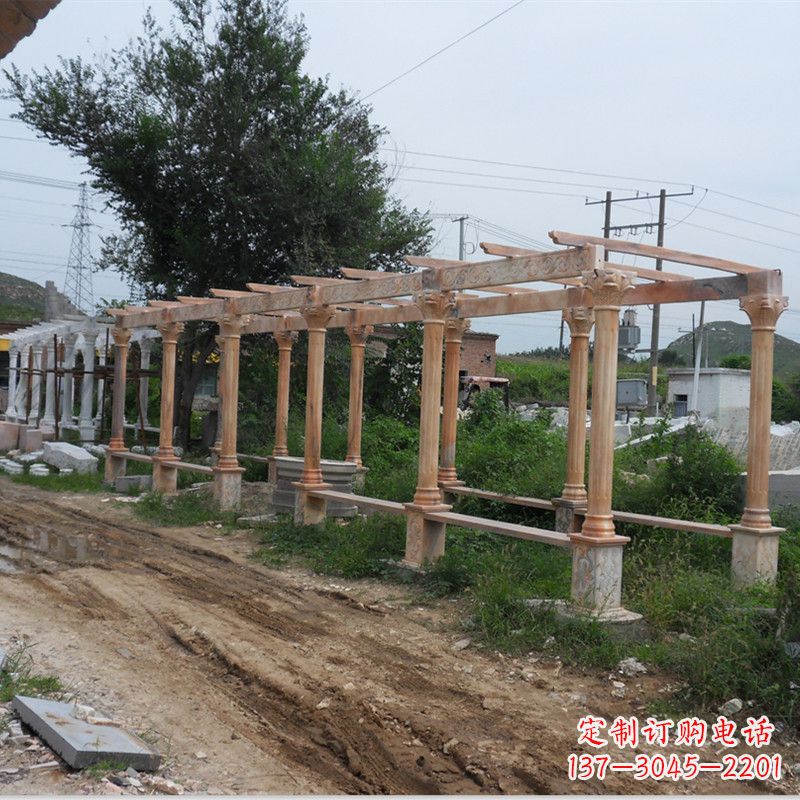 广西晚霞红石雕花架长廊