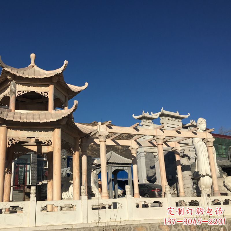 广西晚霞红石雕凉亭花架